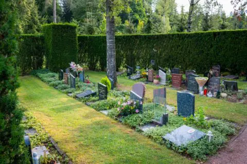 Gedenktuin met verschillende gedenkstenen, bloemstukken en een hoge groene haag.