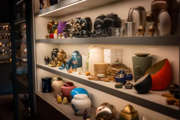 Wandkast met verschillende urnen en gedenkobjecten in de toonkamer.