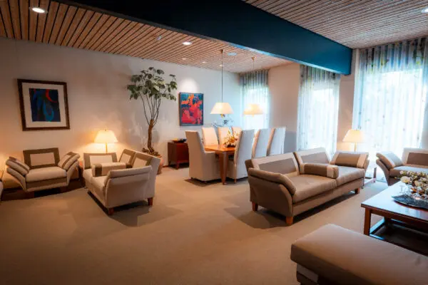 Familiekamer met banken, fauteuils, tafellampen en houten tafels.