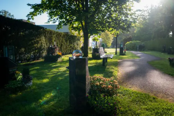 Wandelpad tussen bomen en groen op het terrein van Crematorium Kranenburg.