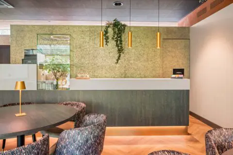 Zithoek in de tuinkamer met ronde tafels, een groene wand en hangende planten.